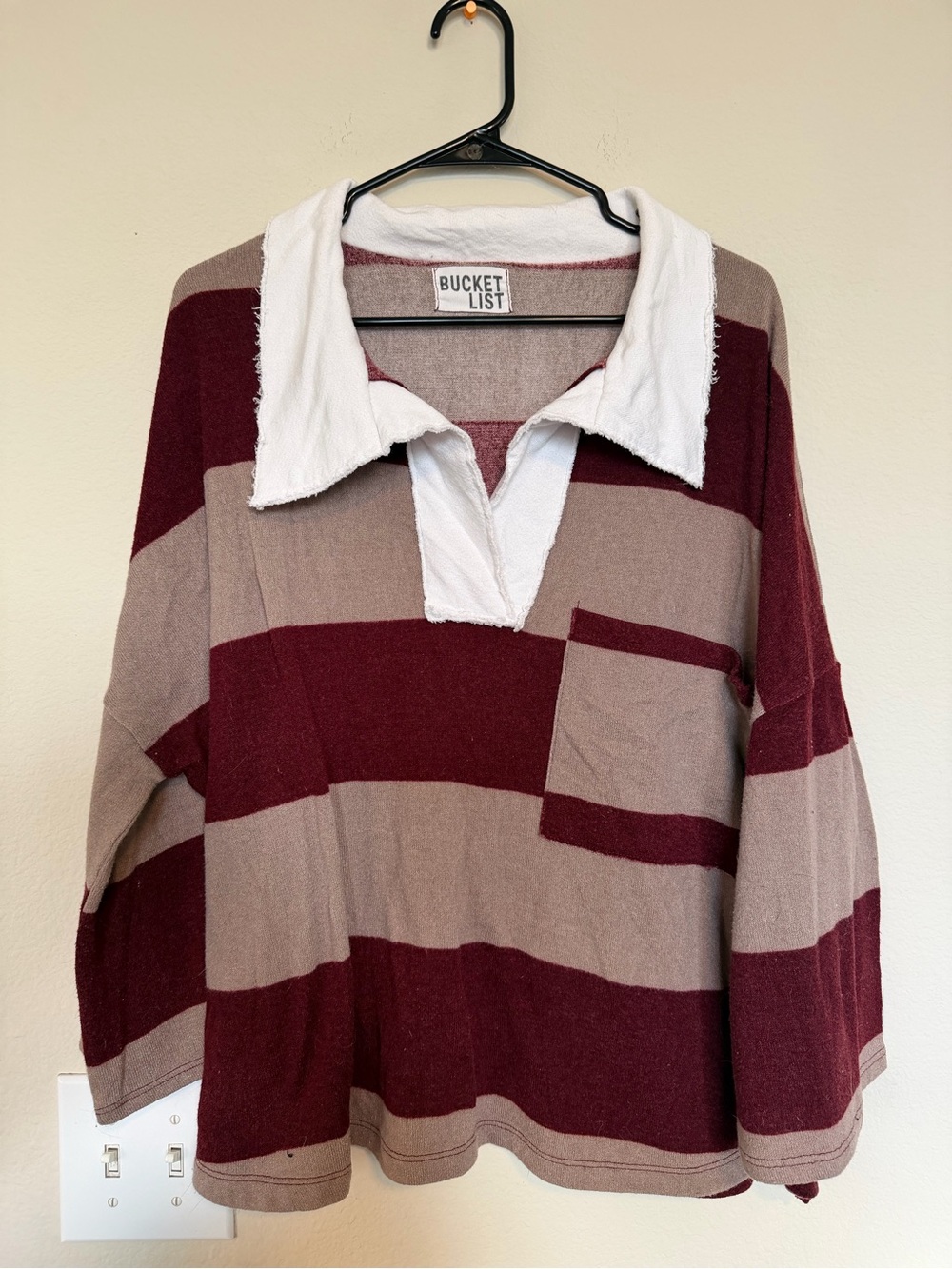 BUCKETLIST Maroon and Taupe Striped Rugby Sweatshirt with White Collar